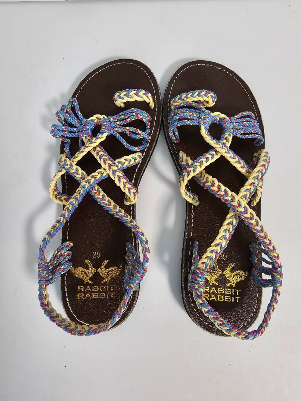 Rabbit Rabbit Sandals Gladiator Braided Festival Toe Loop Boho Blue 39 (8.5)